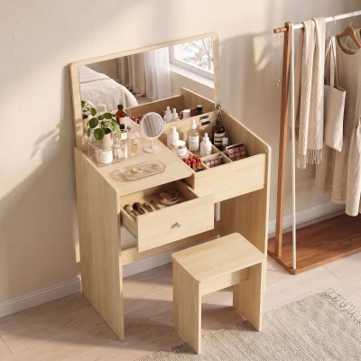 HOMCOM Vanity Desk Set Mirror Drawer Storage Stool White Oak