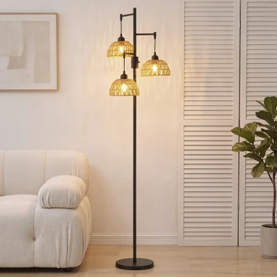 HOMCOM 3-Light Floor Lamp Paper Rope Shades Living Room
