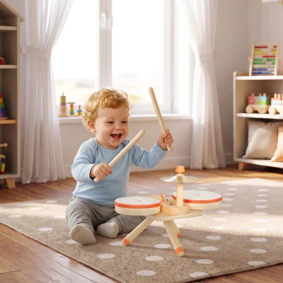 AIYAPLAY Kids Wooden Drum Kit 2 Drums Cymbal Natural