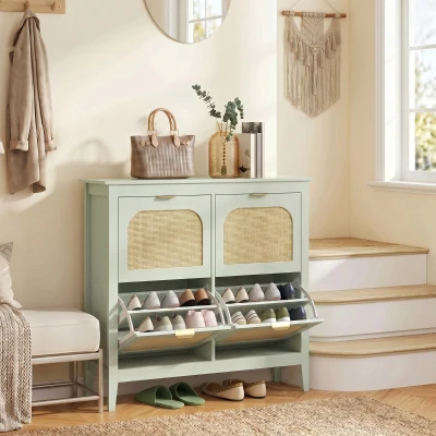 HOMCOM Slim Shoe Cabinet 4 Flip Drawers Boho 20 Pairs Light Green