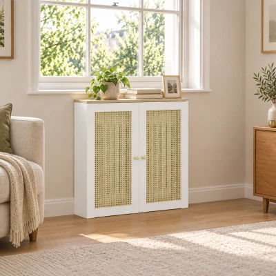 HOMCOM Cubre Radiadores con 2 Puertas de Ratán Cubreradiador Cubierta para Radiador para Salón Dormitorio 78x19x75 cm Blanco