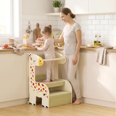 AIYAPLAY Torre de Aprendizaje Montessori Infantil Diseño de Jirafa de Madera con 2 Escalones Anchos Barandilla 3-8 Años Amarillo