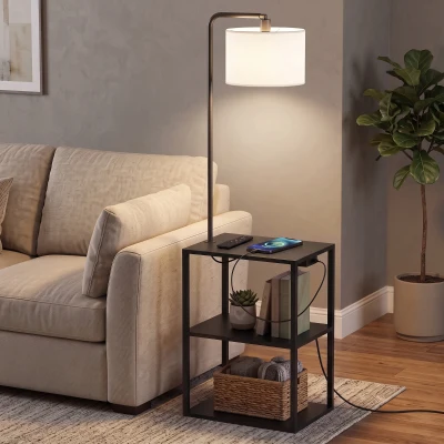 HOMCOM Floor Lamp 3-Tier Storage Table Charging Station Black