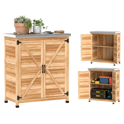 Outsunny Caseta de Jardín Exterior de Madera con Techo de Acero y 2 Puertas para Almacenamiento Herramientas 79x43x92 cm Natural