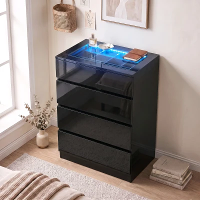 HOMCOM 4 Drawer Chest Glass Top RGB LED Jewellery Black