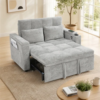 HOMCOM 2-Seater Sofa Bed Pull-Out Storage USB Grey