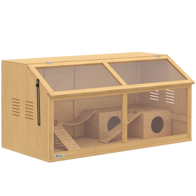 PawHut Hamsterkooi van hout 100 x 52 x 50 cm, grote knaagdierkooi met opbergruimte, klapdak, acrylraam, ventilatie en platform