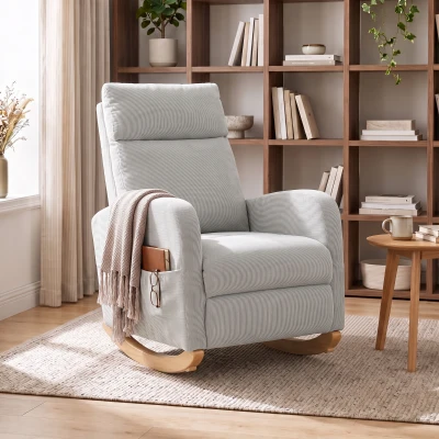 HOMCOM Silla Mecedora de Pana con Respaldo Alto Patas de Madera Bolsillos Reposabrazos Estilo Moderno Gris Claro