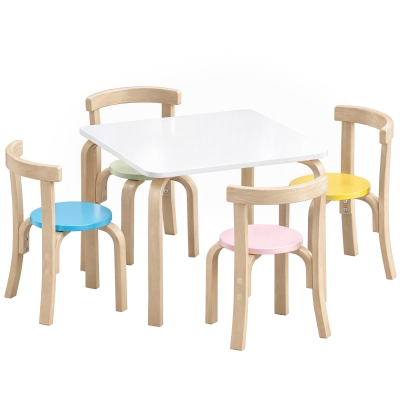 AIYAPLAY Kindertafel met 4 stoelen, 5-delige stapelbare kinderset met afgeronde hoeken, voor 3-8 jaar, multicolor