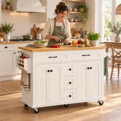Multifunctionele keukenwagen met uitklapbaar werkblad, opbergruimte: 5 lades en 2 kasten met verstelbare planken, 140×65×89 cm, wit + naturel