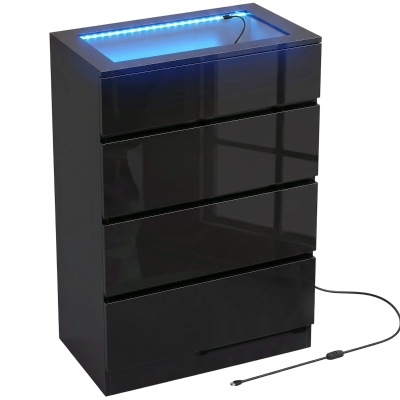 HOMCOM 4 Drawer Chest Glass Top RGB LED Jewellery Black