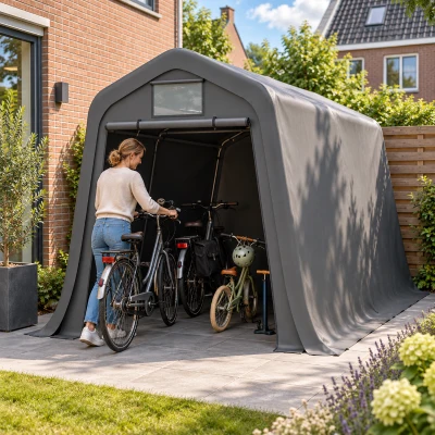 Tuinschuur met zadeldak, opbergruimte met rolluikdeur en ventilatierooster, verzinkt stalen frame en montageaccessoires, 213×366×225 cm, donkergrijs