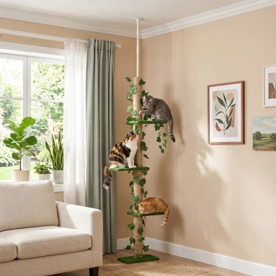 PawHut 242cm Adjustable Floor-To-Ceiling Cat Tree, with Artificial Decoration, Perches, Anti-Slip Kit - Green
