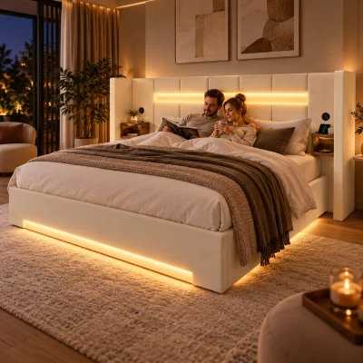 Multifunctioneel gestoffeerd bed in fluweel met extra breed hoofdeinde en dubbele USB-poorten, onderbed-opbergruimte met stille, 225×212×103 cm, beige
