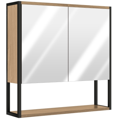 HOMCOM Mirror Cabinet Soft-Close Natural Wood Bathroom