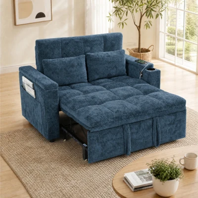 HOMCOM 2-Seater Sofa Bed Pull-Out Storage USB Dark Blue