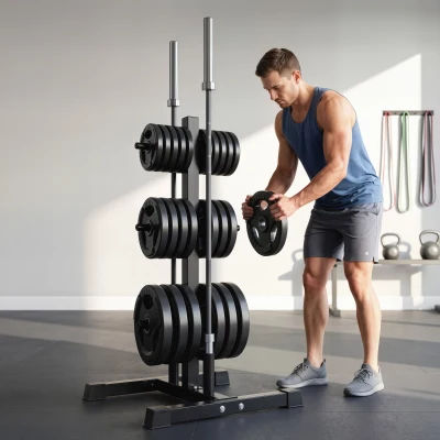 SPORTNOW Soporte para Discos de Pesas Carga 300 kg para Discos de 25 mm y 50 mm con 2 Estantes de Barra para Gimnasio Casa Negro