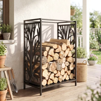 HOMCOM Suporte para Lenhas Suporte de Armazenamento para Lenhas 46x30x70 cm com 4 Ferramentas para Interior e Exterior Preto