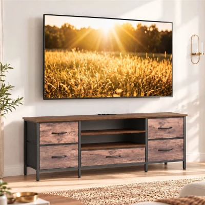 HOMCOM Meuble TV 140cm Brun Rustique 5 Tiroirs Étagères 65"