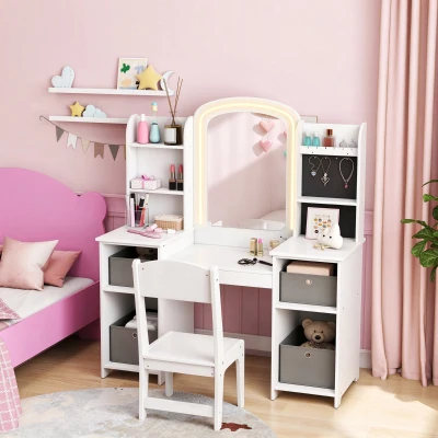 AIYAPLAY Coiffeuse Enfant avec Tabouret et Miroir LED Blanc