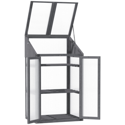 Outsunny Kweekbak Kleine Houten Kas met Ramen Dubbele Deur 3 Planken 70x50x120 Tuin Grijs