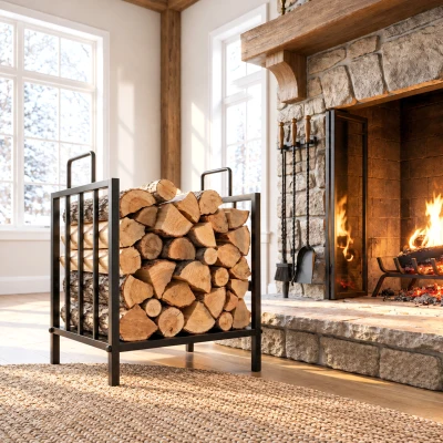 Outsunny Estante de Leña para Chimenea con Asas Leñero Interior y Exterior Almacenaje para Madera Soporte para Leña Tradicional Diseño Elevado 44,5x33x46,5 cm Negro
