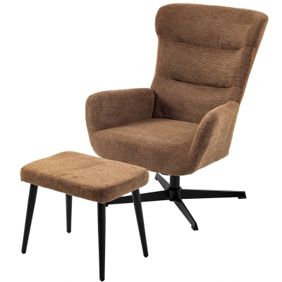 HOMCOM Sillón Relax de Lino con Reposapiés Butaca de Salón Giratorio 360° Basculante Respaldo Alto Marrón