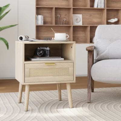 Nachttisch mit Rattanfront, Schublade und offenem Regal, Goldgriff, MDF, 45x40x55 cm, Dunkle Eiche