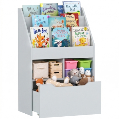 HOMCOM Estante de Madeira para Brinquedos com 3 Compartimentos 2 Prateleiras e Gaveta Móvel com 4 Rodas 60x29,9x90cm Cinza