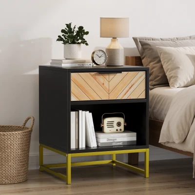 Nachttisch mit Schublade und offenem Fach, modernes Mid-Century-Design, MDF, 43x40x55 cm, Schwarz+Naturfarbe