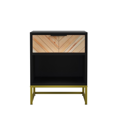Nachttisch mit Schublade und offenem Fach, modernes Mid-Century-Design, MDF, 43x40x55 cm, Schwarz+Naturfarbe