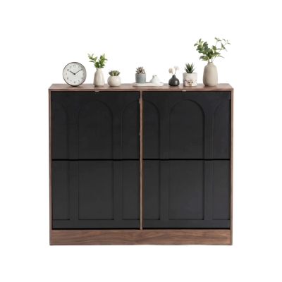 Schuhschrank mit 4 Klappen, schmal, modernes Skandi-Design, verstellbare Trennwände, Schwarz