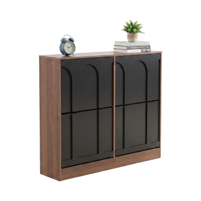 Schuhschrank mit 4 Klappen, schmal, modernes Skandi-Design, verstellbare Trennwände, Schwarz