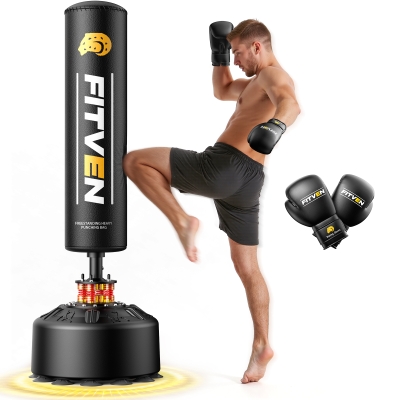 Freistehender Boxsack, für Boxen, Kickboxen, Muay Thai und MMA, Saugnapf-Basis, inklusive Boxhandschuhe, Schwarz