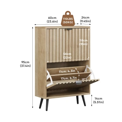 Schuhschrank mit Kippfächern, platzsparend, gerillte Front, freistehend, 60x24x95 cm, Eiche