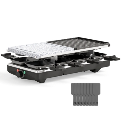 HOMCOM 1400 W Raclette-Grill für 8 Personen mit Aluminium-Grillplatte & Marmorsteinplatte, spülmaschinenfest, Schwarz