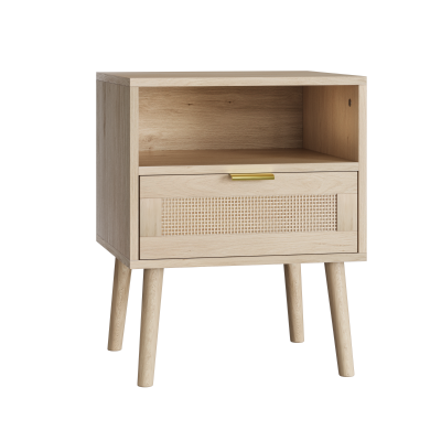 Nachttisch mit Rattanfront, Schublade und offenem Regal, Goldgriff, MDF, 45x40x55 cm, Dunkle Eiche