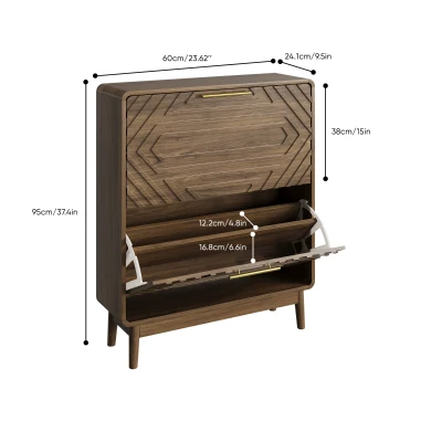 Schuhschrank, freistehend und schmal, mit geprägten Türen, offenem Ablagefach und goldfarbenen Griffen, 60x24x95 cm, Walnussfarben