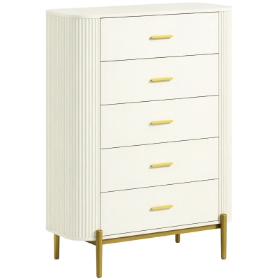 HOMCOM Kommode mit 5 Schubladen, Schlafzimmerkommode mit Rillenoptik, Metallgriffen und -beinen, 90x44x120 cm, Hellgrau