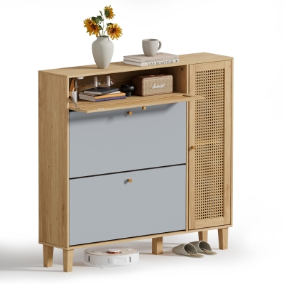 Schuhschrank mit Rattan-Elementen, flexiblem Stauraum und Metallbeinen, 107x24x105 cm, Grau