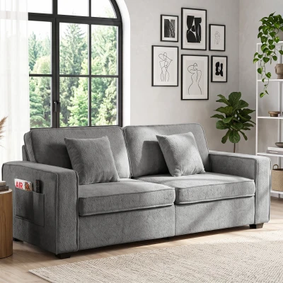 HOMCOM Sofá de 3 Plazas Tapizado en Chenilla con Bolsillos 2 Almohadas Reposabrazos Cojín de Muelles 210x78,5x86,5 cm Gris