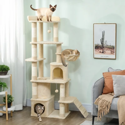 PawHut Large Cat Tree 7 Scratching Posts Condos Hammock Beige 170cm