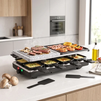 HOMCOM 1400 W Raclette-Grill für 8 Personen mit Aluminium-Grillplatte & Marmorsteinplatte, spülmaschinenfest, Schwarz