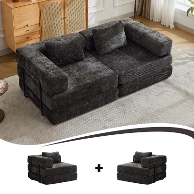 Schlafsofa, wandelbares Bodensofa, modular, Chenille, 200x100x63 cm, Schwarz