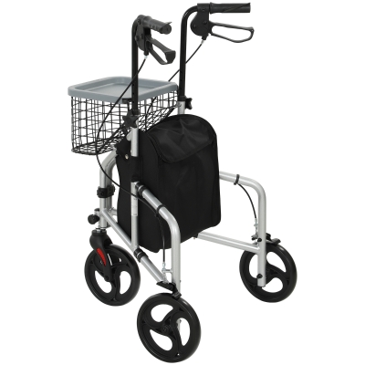 Rolator pentru seniori cu geantă și coș, argintiu
