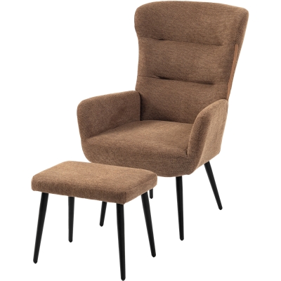 HOMCOM Relax-Sessel mit Pouf im Leinenoptik-Stoff, breite und hohe Rückenlehne, zum Lesen, Wohnzimmer, Braun