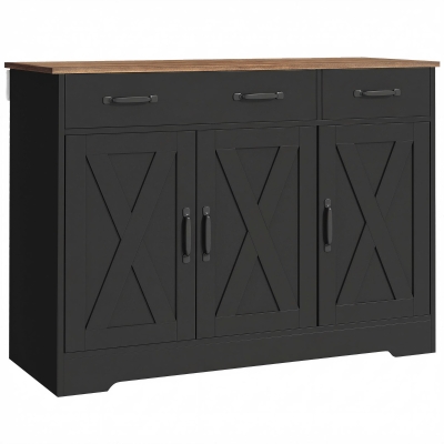 HOMCOM Küchenbuffet, Aufbewahrungsmöbel mit 3 Scheunentüren, 2 Schubladen und verstellbaren Einlegeböden, 108 x 40 x 81 cm, schwarz