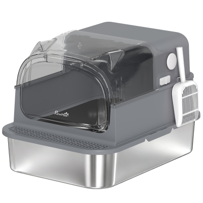 PawHut Arenero de acero inoxidable con tapa desmontable XL 92 l para gatos grandes 3 en 1 con pala y bordes altos