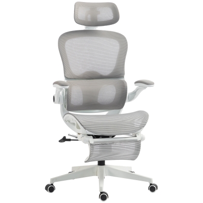 HOMCOM Cadeira de Escritório Ergonômica Reclinável em Malha, Suporte Lombar, Encosto de Cabeça, Apoios de Braço Eleváveis, 62x66x126cm, Cinza