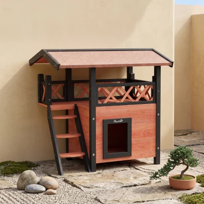 PawHut Cabana para Gato Exterior com Terraço, Escada, Telhado, Casota Villa, 77 x 50 x 73 cm Castanho e Vermelho